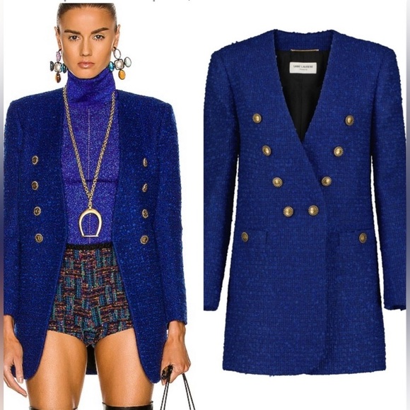 RARE Saint Laurent collarless blue tweed long blazer jacket NWT - Picture 1 of 14